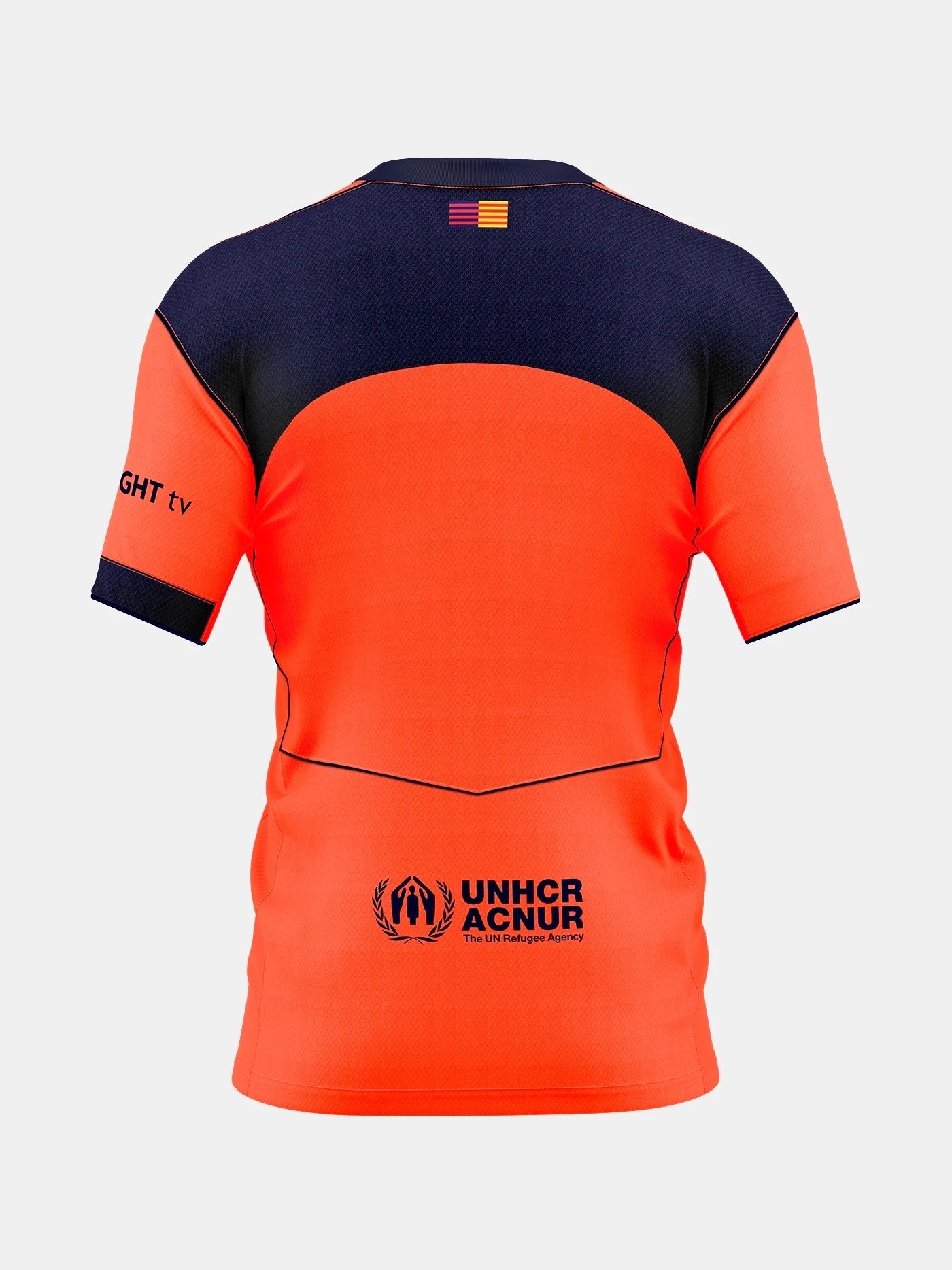 Back of Femenina Barcelona 25/26 Third jersey in orange/navy with UNHCR ACNUR logo