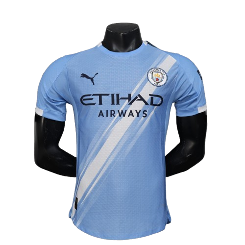 Light blue Manchester City 25/26 home player jersey with white stripes
