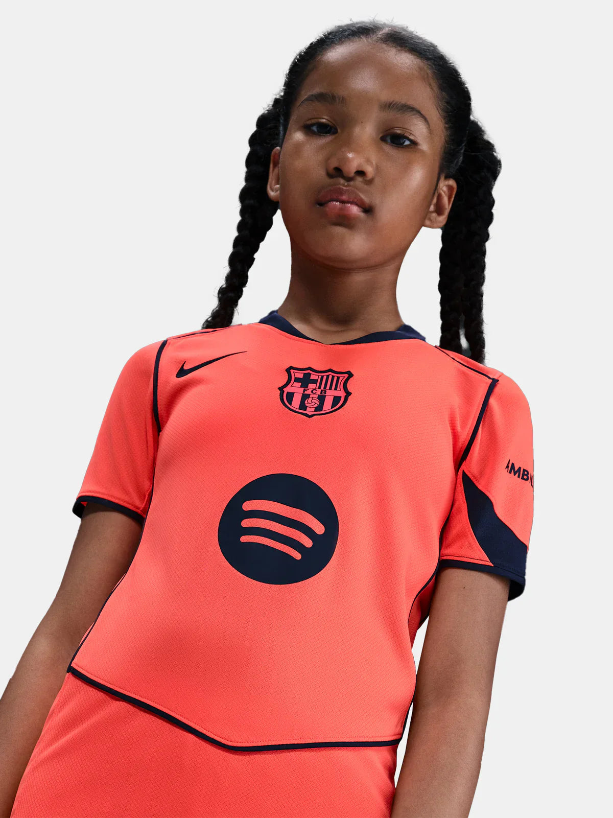 Kids Barcelona 25/26 Third coral-orange girls jersey with Spotify Nike logos