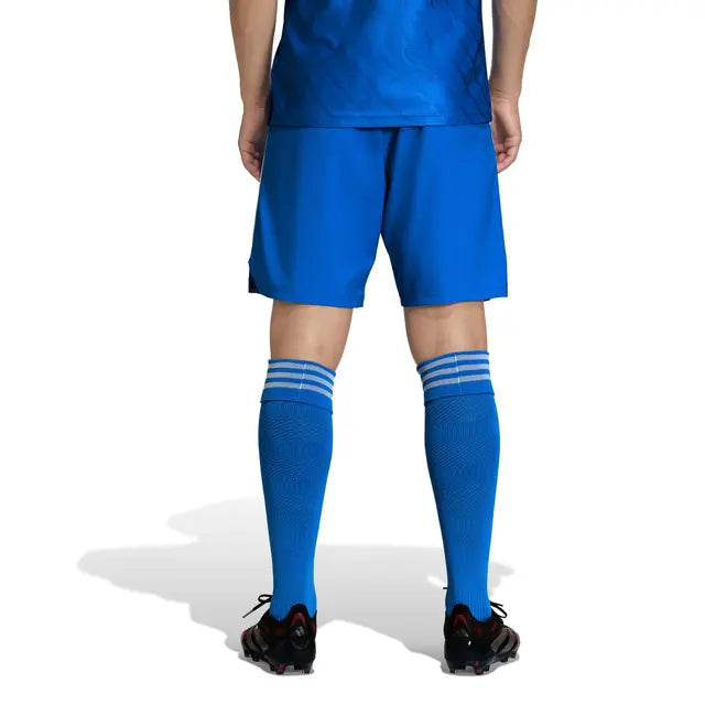Real Madrid 25/26 third blue shorts with white stripes, socks, cleats