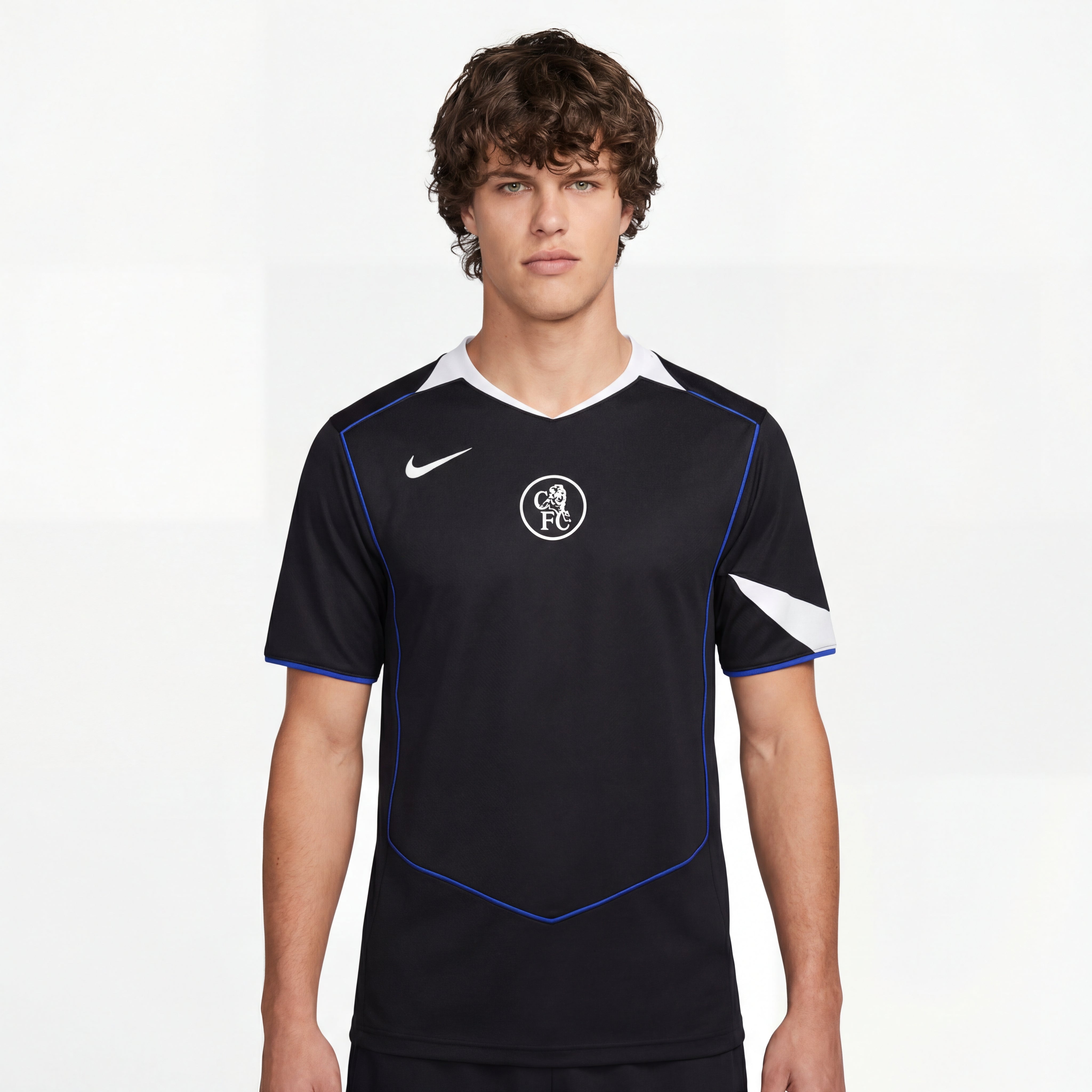 Chelsea 25/26 third black jersey with white blue accents Nike swoosh