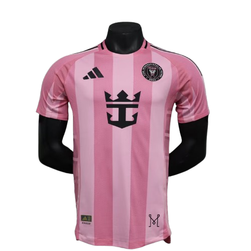 Pink white striped Inter Miami 25/26 home jersey with adidas crown emblem