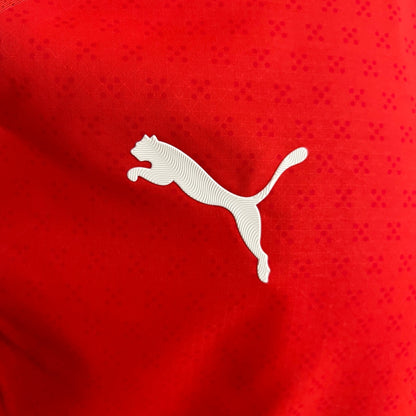 White Puma logo embroidered on red Portugal 25/26 home jersey fabric