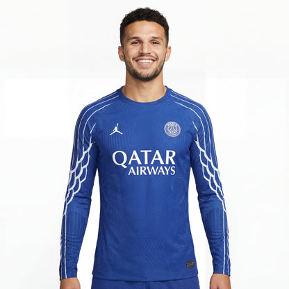 Blue PSG 25/26 4th away player training jersey with Qatar Airways logo