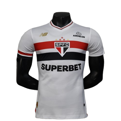 White São Paulo FC 25/26 home jersey with red black stripes and sponsors