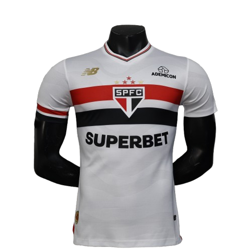 White São Paulo FC 25/26 home jersey with red black stripes and sponsors