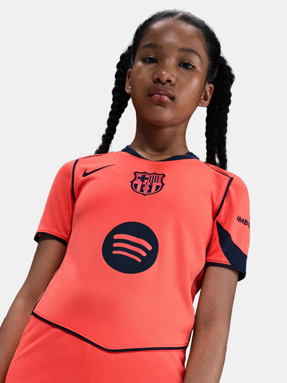 Kids Barcelona 25/26 Third coral-orange girls jersey with Spotify Nike logos